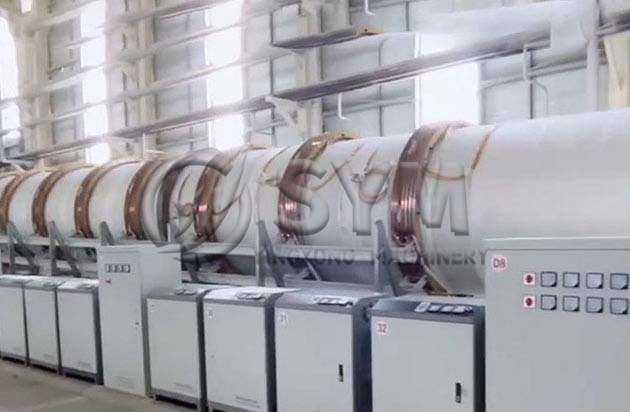 Horno rotatorio electromagnético en funcionamiento – calentamiento por inducción a 1200 °C
